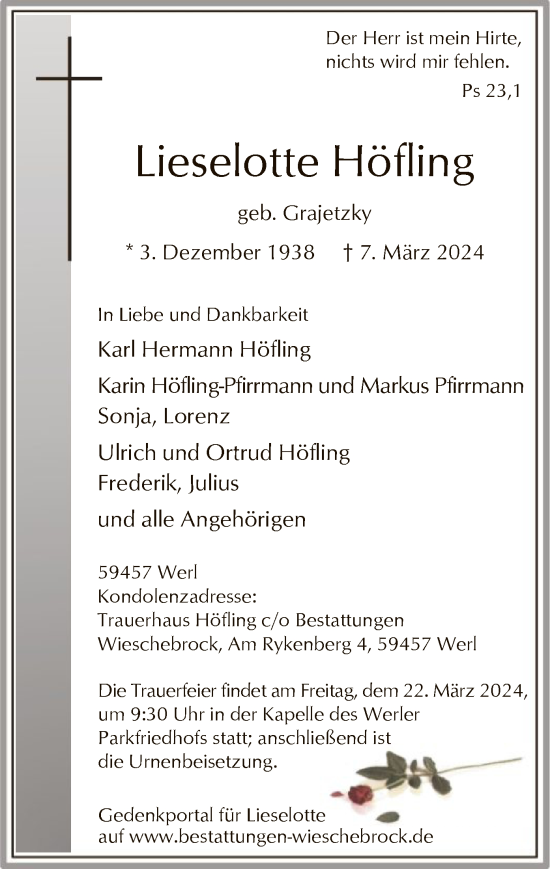Traueranzeige von Lieselotte Höfling