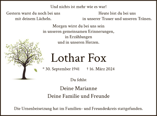 Traueranzeige von Lothar Fox