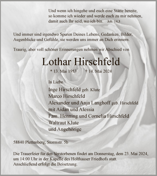 Traueranzeige von Lothar Hirschfeld