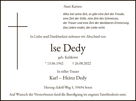 Traueranzeige von lse und Karl-Heinz Dedy