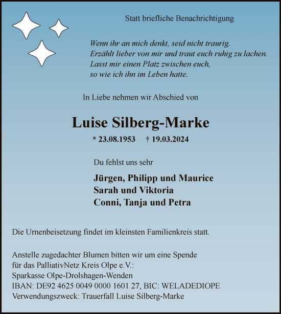 Traueranzeige von Luise Silberg-Marke