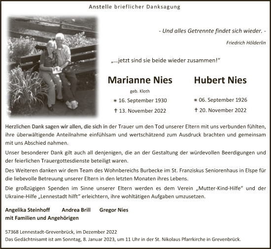 Traueranzeige von Marianne und Hubert Nies