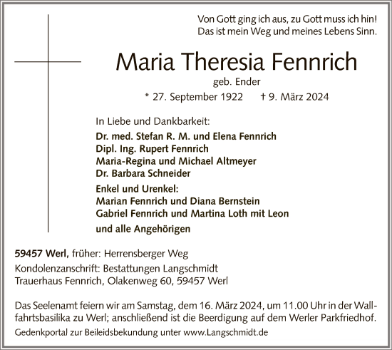 Traueranzeige von Maria Theresia Fennrich