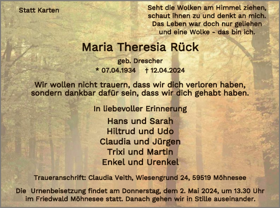 Traueranzeige von Maria Theresia Rück