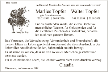 Traueranzeige von Marlies und Walter Töpfer