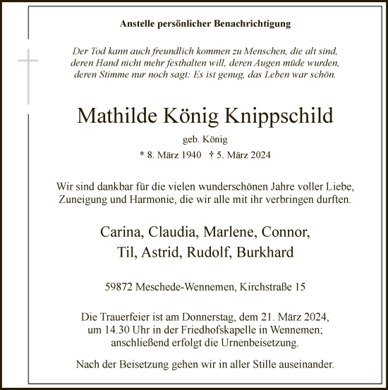 Traueranzeige von Mathilde  König Knippschild