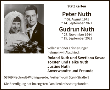 Traueranzeige von Peter und Gudrun Nuth