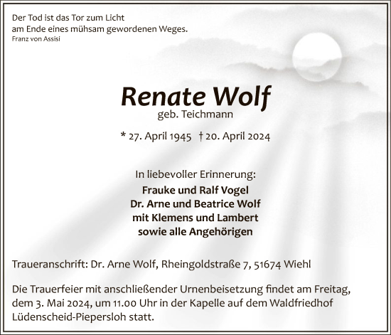 Traueranzeige von Renate Wolf