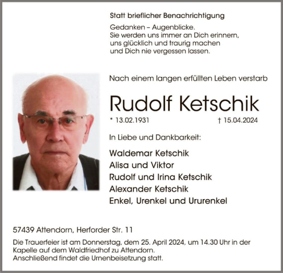 Traueranzeige von Rudolf Ketschik
