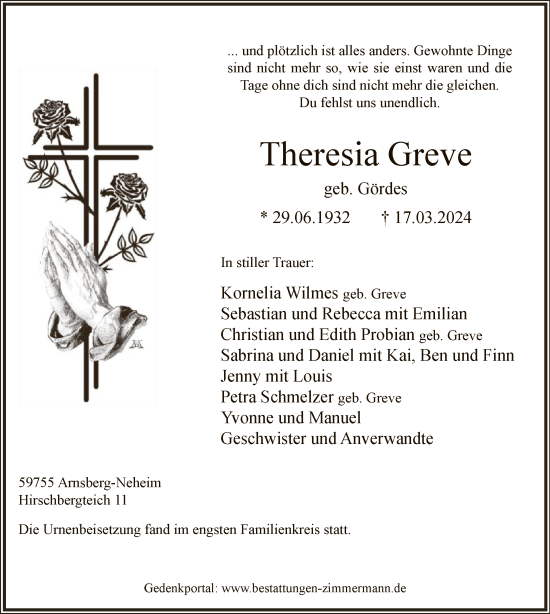 Traueranzeige von Theresia Greve