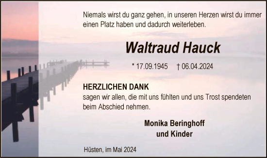 Traueranzeige von Waltraud Hauck