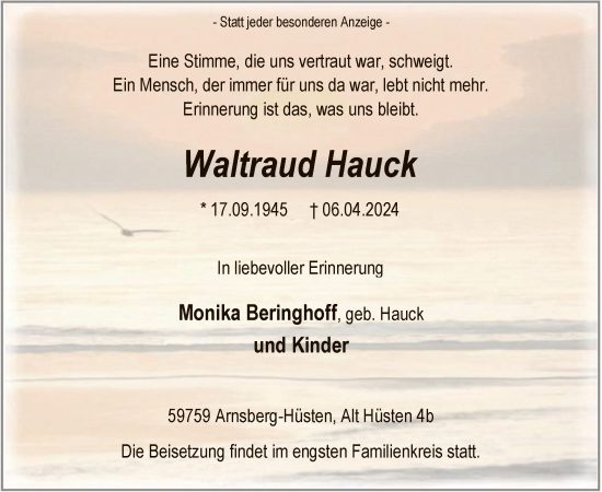 Traueranzeige von Waltraud Hauck