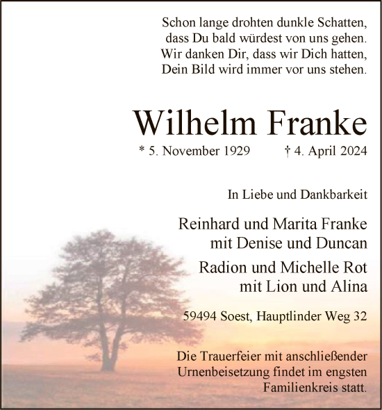 Traueranzeige von Wilhelm Franke