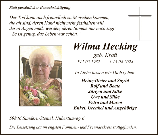 Traueranzeige von Wilma Hecking