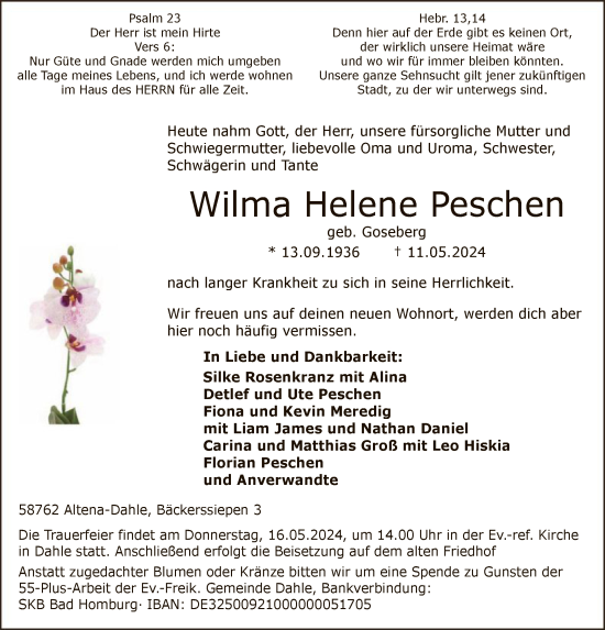 Traueranzeige von Wilma Helene Peschen